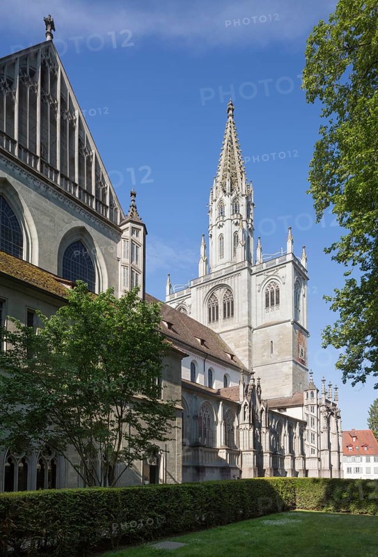 Constance, Minster, north side, view westwards to the tower, remains of the cloister on the left