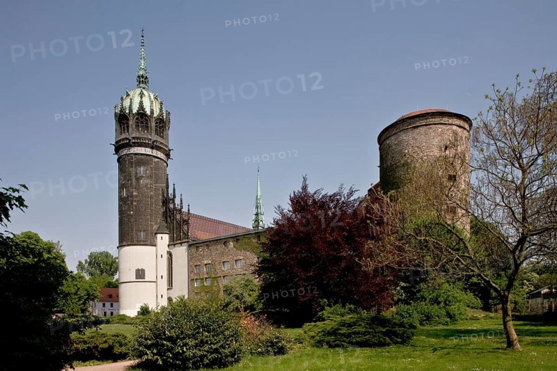Sachs-Anh Wittenberg Castle with SW tower and castle church from SW. Destroyed and rebuilt several times. Tower built 1883 - 1892