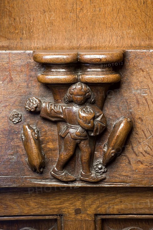 Choir stalls, drolleries on the stall sides with proverbial depictions, 1493 by Johannes Gruter from Wesel, throwing roses in front of swine (throwing pearls in front of swine), St., Sankt, Saint