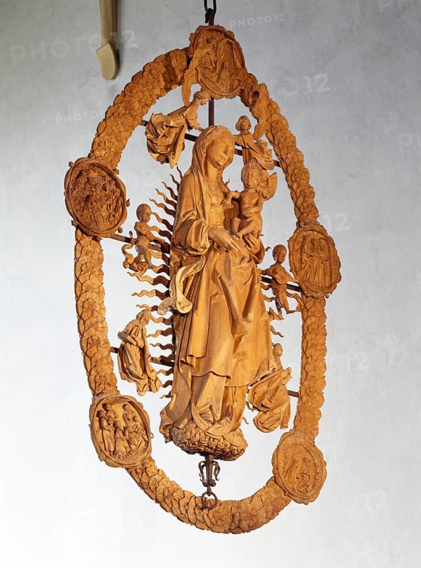 Volkach, pilgrimage church Maria im Weingarten, built in the 15th century. aria in the rosary by Tilman Riemenschneider from 1524, St., Sankt, Saint