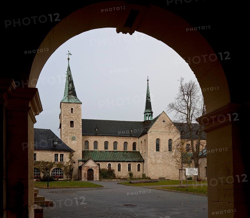Monastery church seen from the south through the gatehouse, St., Sankt, Saint