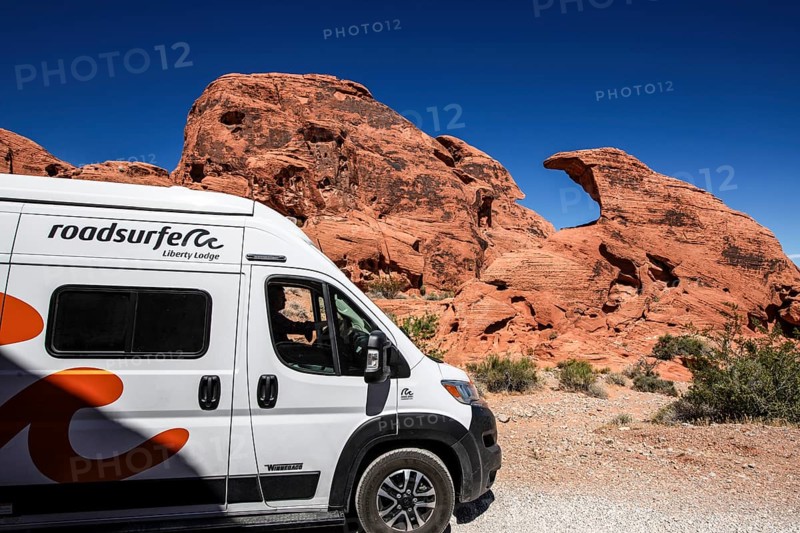 Motorhome at Atlatl Rock Campground, Valley of Fire State Park, Nevada, USA, North America