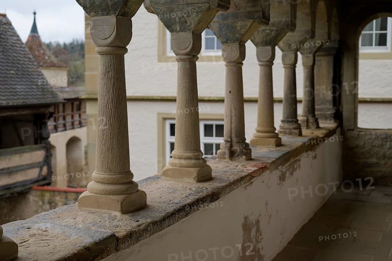 Historic battlements at Comburg Castle, Benedictine monastery, Way of St James, pilgrimage, Schwäbisch Hall, Kocher, Kocher Valley, Hohenlohe, Germany, Europe