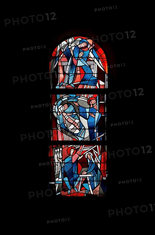 Stained glass window by Ernst Jansen-Winkeln in the right (west) aisle, scenes from the life of St Benedict of Nursia, St, Saint, Saint
