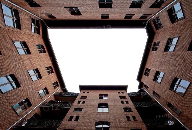 Halle an der Saale. Backyard in the Geiststraße residential and commercial building 1890s. Backyard view upwards