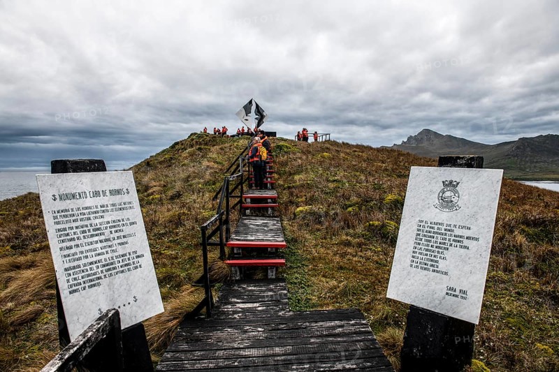 Wooden plank path to the Monumento Cape Horn, a stylised albatross by the artist Jose Balcells, poem by Sara Vial, Cabo de Hornos National Park, southernmost point of South America, Hornos Island, Tierra del Fuego, Chile, South America