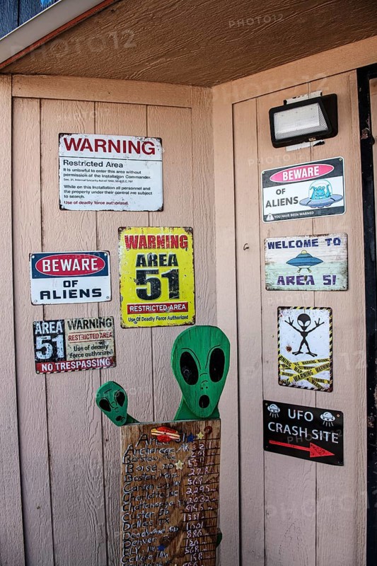 Signs with aliens, Rachel, Extraterrestrial Highway, Nevada, USA, North America