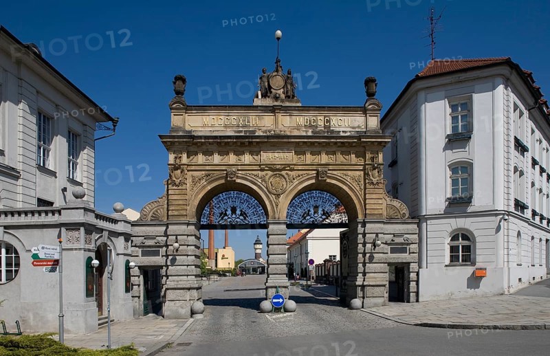 Czech Rep Plzen/Pilsen Urquell brewery anniversary gate. From 1892