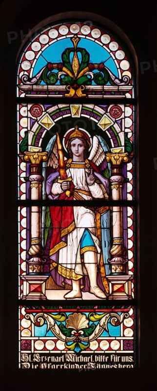 Tännesberg. St Michael's parish church from 1841. 1892 stained glass window. Archangel Michael, St, Saint, Saint