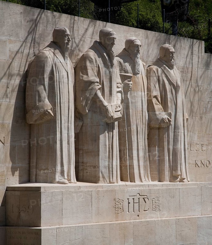 International monument to the Reformation with monumental figures of Guillaume Farel, John Calvin, Théodore de Bèze, John Knox