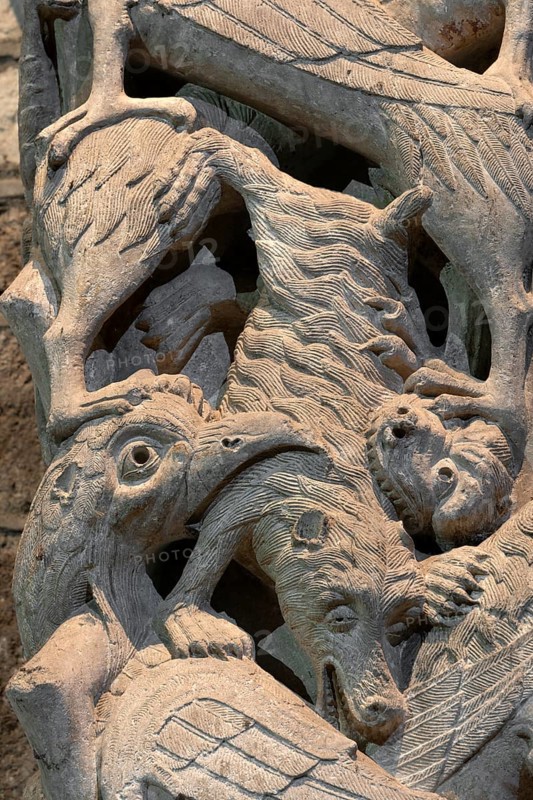 Souillac, former abbey church of Sainte-Marie, portal sculptures, relocated to the interior in the 17th century, beast pillars