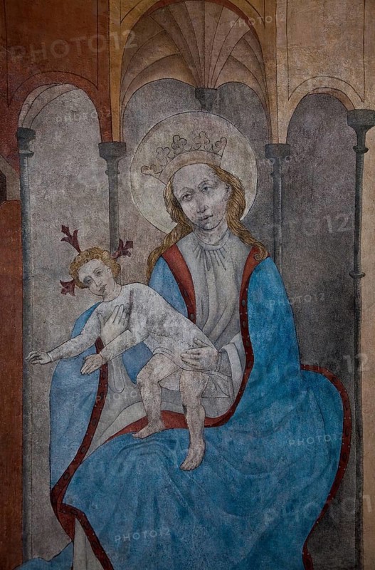 Wall painting in the choir: Madonna, St., Saint, Saint