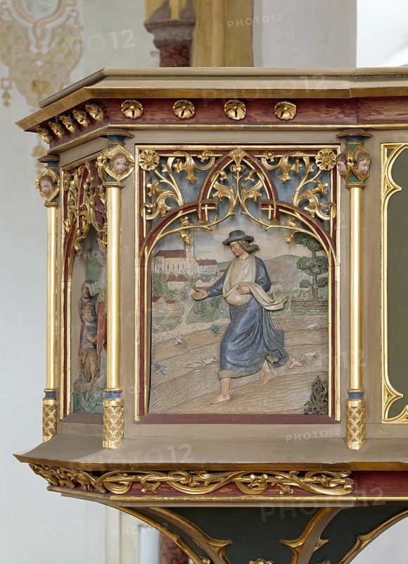 Bad Birnbach. Parish church. Neo-Gothic pulpit relief The Parable of the Sower by Sebastian Höfele, 1888, St., Sankt, Saint