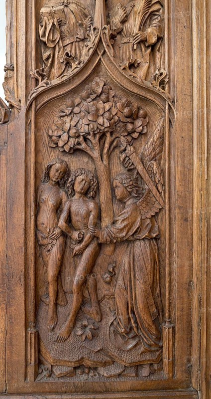 Constance, Minster, choir stalls, sculptors Heinrich Yselin and Simon Haider around 1470, stall cheek with expulsion from paradise
