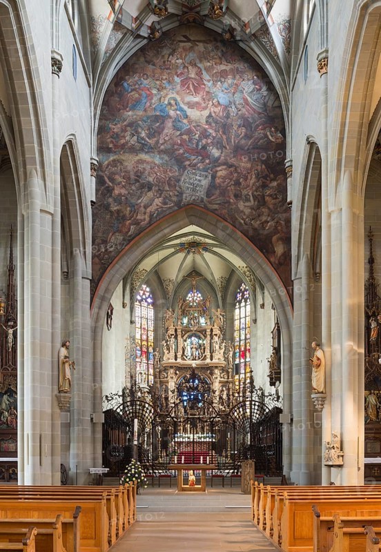 Überlingen, parish church of St Nicholas, view to the east, wall above the choir arch with fresco (The Last Judgement) by Jacob Carl Stauder 1722