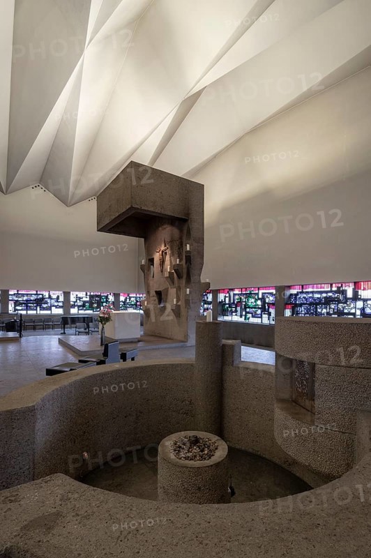 Cologne, Lindenthal district, Catholic University Hospital Church of St John the Baptist, built 1958-1966 by Gottfried Böhm, baptismal font and altar