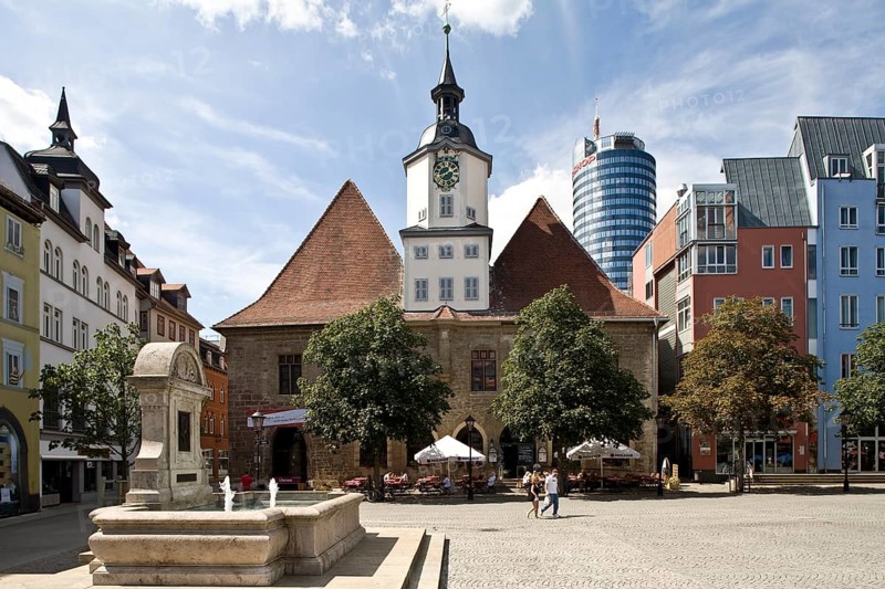 Historic Gothic town hall (1377-1413), behind it the JenTower tower block, built between 1969 and 1972 by Hermann Henselmann