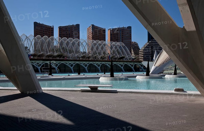 City of Arts and Sciences (cat./val. Ciutat de les Arts i de les Ciències), view from the MUSEO DE LAS CIENCIAS to the south-west towards L'UMBRACLE, behind it residential tower blocks