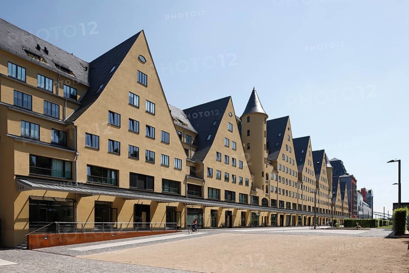 Historic Siebengebirge warehouse, converted into modern residential buildings, landside
