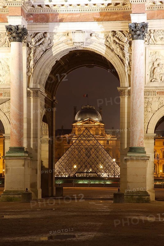 Arc de Triomphe du Carrousel and inner courtyard of the Louvre with pyramid by Ieoh Ming Pei