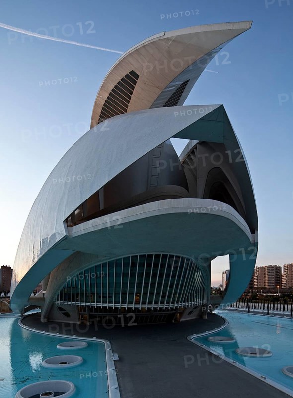 City of Arts and Sciences (cat./val. Ciutat de les Arts i de les Ciències), opera house QUEEN SOFIA, El Palacio de las Artes Reina Sofía (en valenciano Palau de les Arts Reina Sofia) es el teatro de la ópera de Valencia, view from south-east, on the right conical building above a stairwell