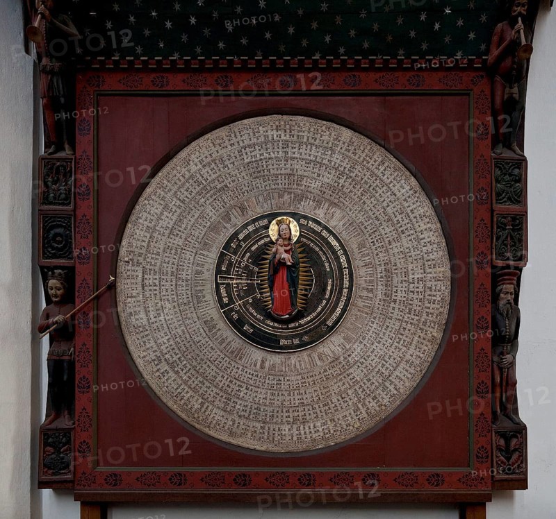 Astronomical clock 1464-70 by Hans Düringer, lower dial with crescent moon Madonna in a halo, St., Sankt, Saint