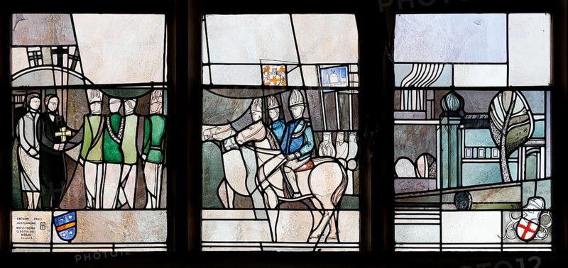 Modern window north side with depiction of Gymnicher Ritt (design: Pauli), St., Sankt, Saint