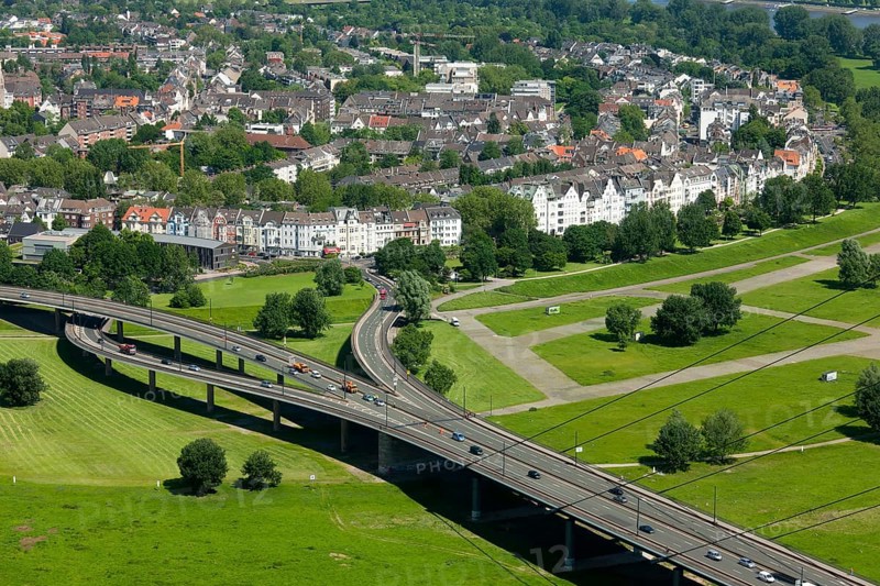 Düsseldorf, view from the Rhine tower to Oberkassel with Rhine meadows and Rhine knee bridge
