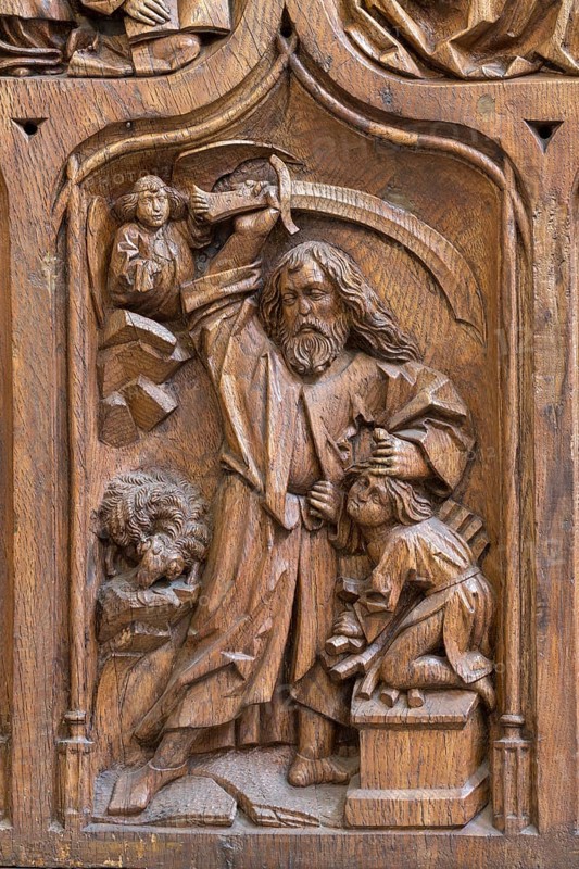 Constance, Minster, choir stalls, sculptor Heinrich Yselin and Simon Haider around 1470, stall cheek with the sacrifice of Isaac