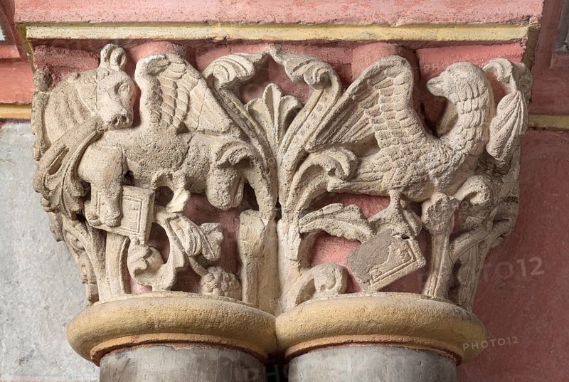 Brauweiler near Pulheim, St Nicholas Abbey Church, choir, double capital, evangelist symbols of St Luke and St John