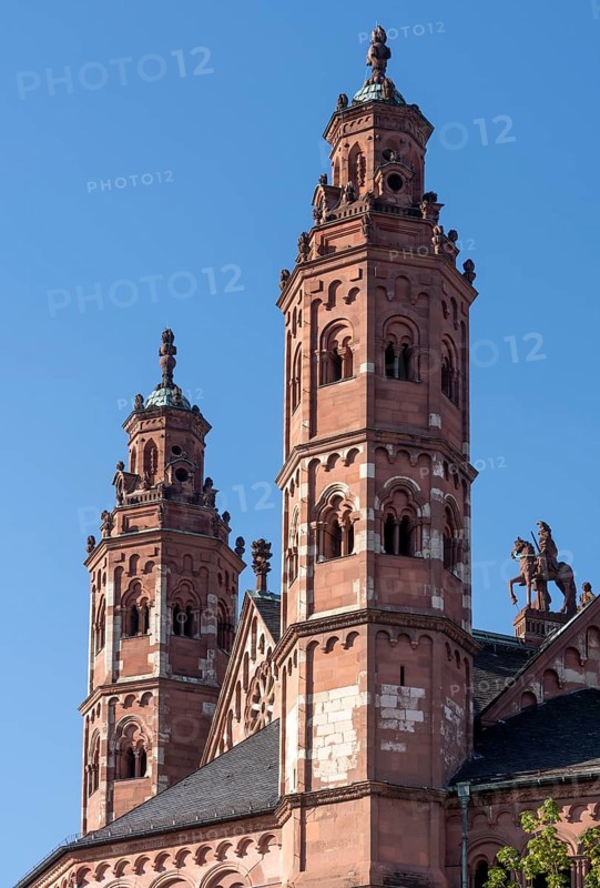 Mainz, St Martin's Cathedral, view of the two stair towers from the south-west, equestrian statue of St Martin on the right