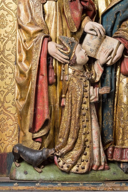 Altar of the Gertruden Brotherhood of Bearers, Lübeck c. 1509, carving: Henning van der Heide, detail dog snapping at a robe of the child Servatius, later Bishop of Maastricht, St., Saint, Saint