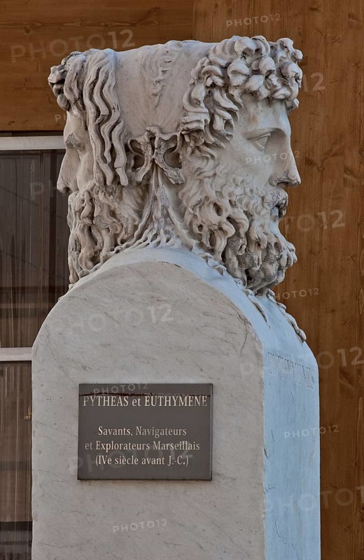 Janus-headed bust for the Marseilles scholars, navigators and explorers in the fourth century BC, Rue de la Guirlande