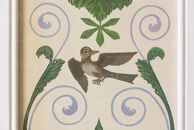 Staircase, mural bird and plants
