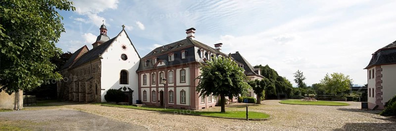 Monastery courtyard, abbot's and convent building, on the left the monastery church, St., Sankt, Saint