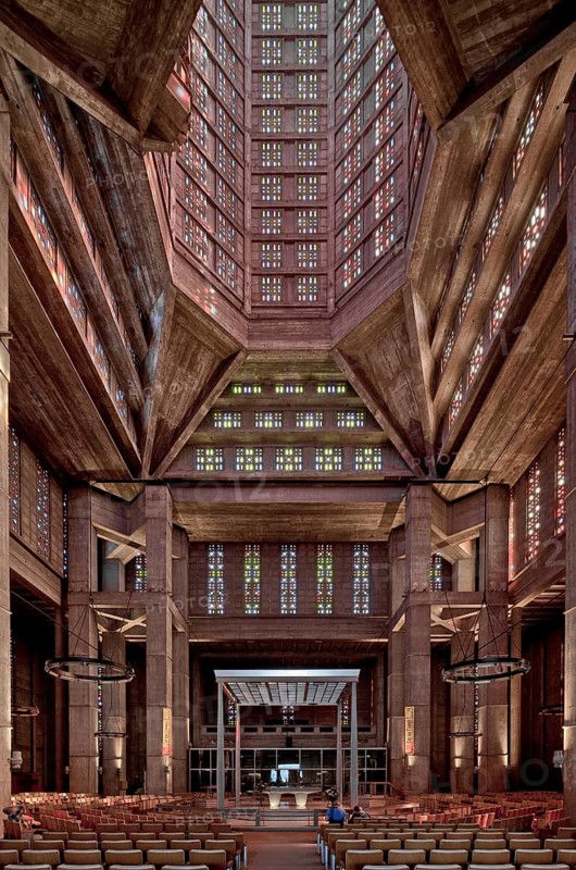 Interior view of the tower, altar mensa and ciborium 1964 by Guy Verdoia, coloured glass windows by Marguerite Huré, St., Saint, Saint