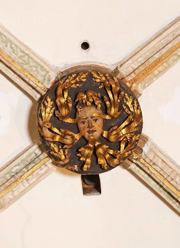 Leaf mask on the keystone in the south aisle, St., Sankt, Saint