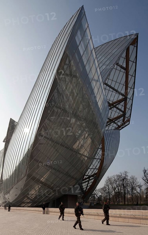 Architect Frank O. Gehry, opened in 2014, view from the east with military patrol