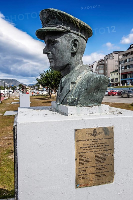 Vicecomodoro Mario Luis Olezza -bronze bust at the harbour of Ushuaia, Argentina, South America