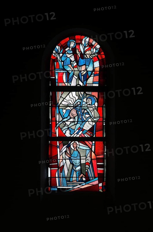 Stained glass window by Ernst Jansen-Winkeln in the right (west) aisle, scenes from the life of St Benedict of Nursia, St, Saint, Saint