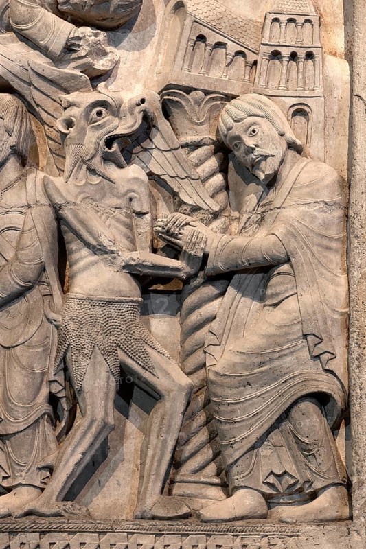 Souillac, former abbey church of Sainte-Marie, portal sculptures, relocated to the interior in the 17th century, Theophilus relief, Theophilus makes a pact with the devil