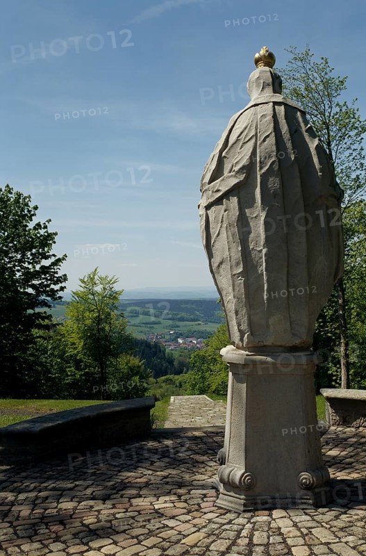 Wildflecken. Maria Ehrenberg. Stairway to the pilgrimage church from 1736. 254 steps and three figures of the Virgin Mary by Joseph Guidobald Licht, alluding to the Joyful, Sorrowful and Glorious Rosary