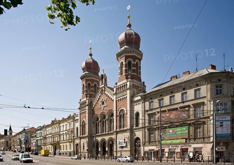Czech Rep Plzen/Pilsen. Row of streets with the Great Synagogue. View of the second largest synagogue in Europe from the north. Romanesque-Moorish style building from 1893, designed by architect Emanuel Klotz
