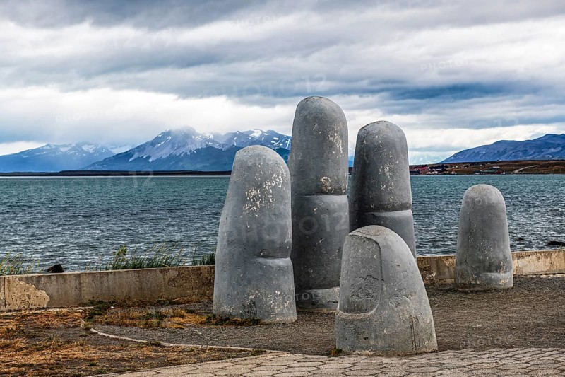 Artwork La Mano, Hand on the shore, Puerto Natales, Patagonia, Chile, South America