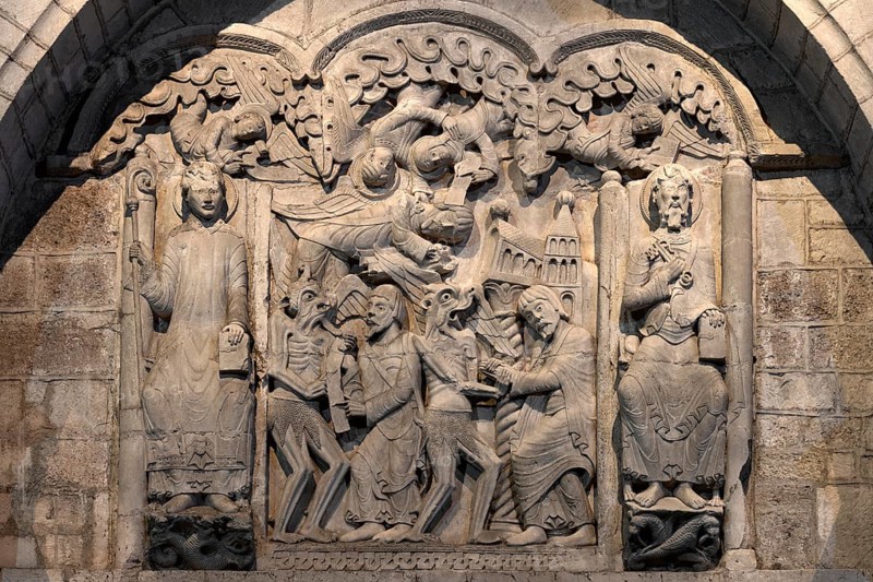 Souillac, former abbey church of Sainte-Marie, portal sculptures, relocated to the interior in the 17th century, Theophilus relief