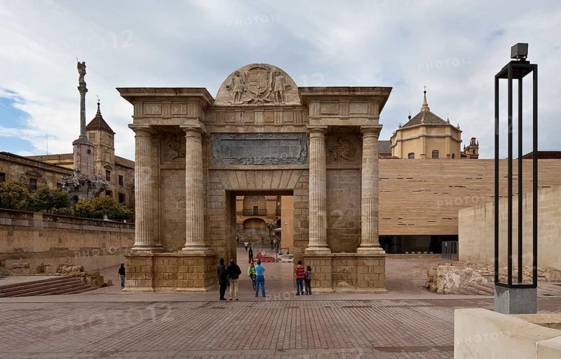 Cordoba, Puerta del Puente. Field side left Triumphal column of St Rafael right Dome of the mosque