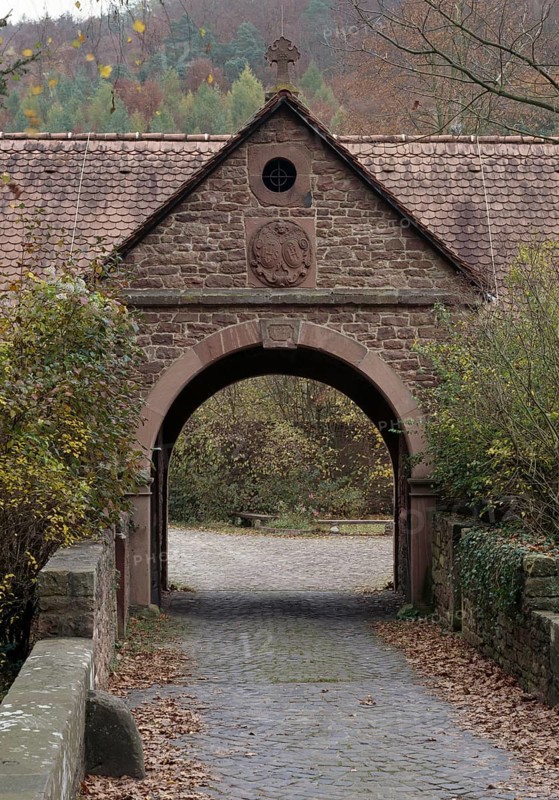 Former Cistercian nunnery Himmelthal in Spessart. Founded in 1232, the present church dates from 1753 and is now the Elsava School. Gatehouse in the west, St., Sankt, Saint
