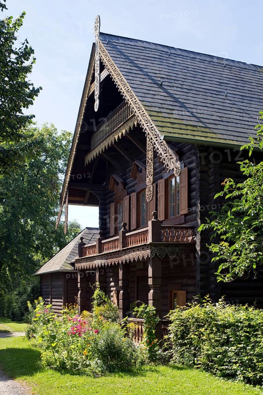 Half-timbered house with front log facade, built 1825-1827 freely adapted from a drawing by Carlo Rossi