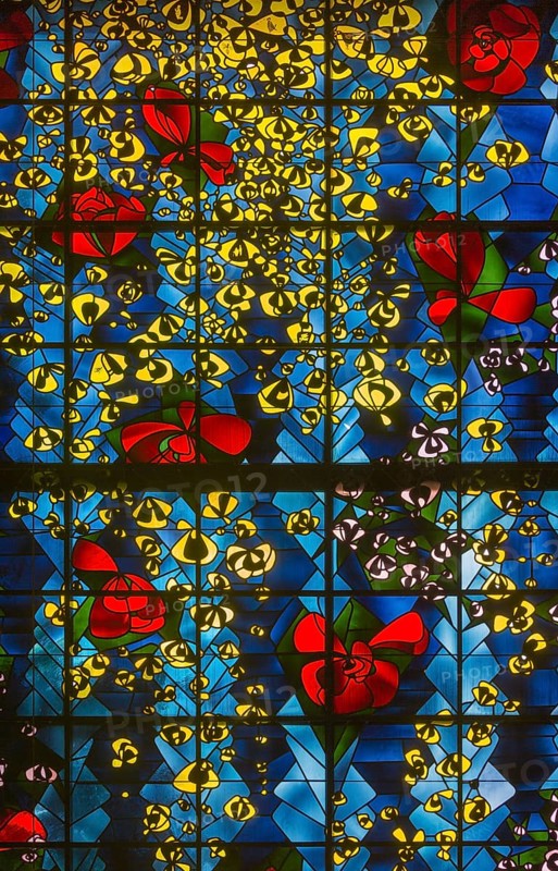 Built in 1954-1955 by Gottfried Böhm, window wall behind the altar, detail with roses