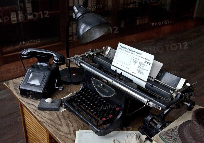 Fabryka Emalia Oskara Schindlera (short: Fabryka Schindlera), Former factory of Oskar Schindler, view of office desk with typewriter and telephone, Schindler's List, Schindler's List